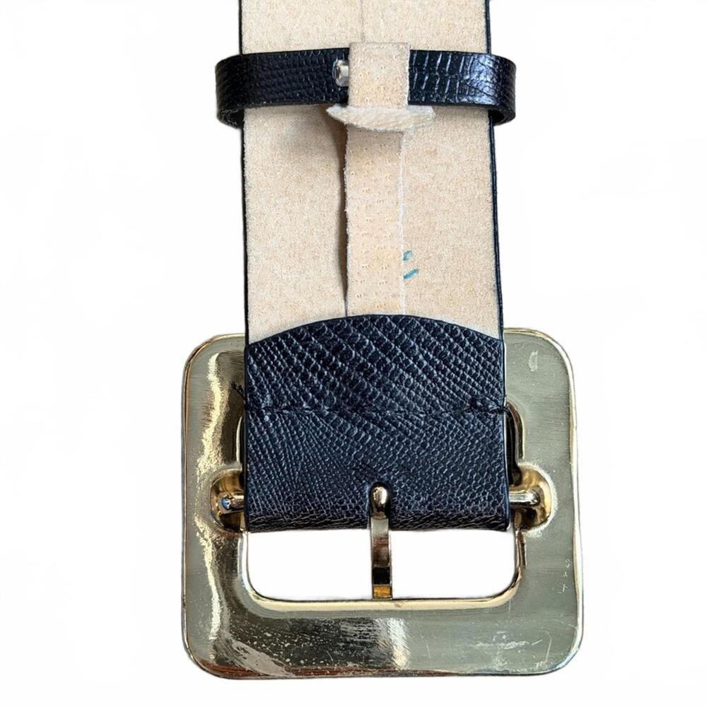 Vintage Oscar de la Renta Black Embossed Leather Wide Waist Belt w/Gold Buckle - Picture 4 of 11